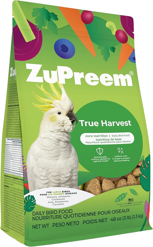ZuPreem True Harvest Bird Food, Daily Bird Feed Pellets for Amazons, Cockatoos & Macaws, ZuPreem Core Nutrition, Made in USA, Added Vitamins, Cockatoo Food, Macaw Feed, (Large, 3 lb Bag)