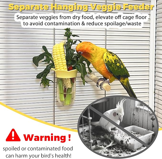Bird Cage Feeder for Vegetable, Parrot Veggies Holder with Water-Storage Design to Keep Greens Fresh, No Mess Hanging Millet Feeder for Parakeet, Quick Clean Clip, No Spill Feeders for Parrots