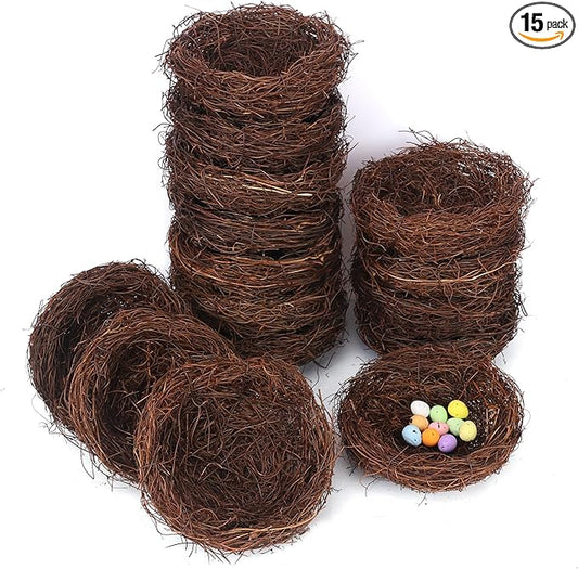 15 PCS 5.9 Inch Artificial Bird Nest for Crafts, Handicraft Rattan Bird's Nest, Small Bird Nest, Bird Nest Decorating Kit for Holiday, Table, Garden, DIY Terrarium Decor