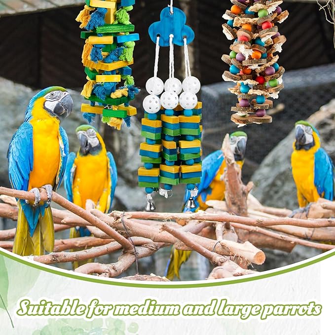 Seenelling 3 Pcs Extra Large Bird Parrot Toy Multicolored Natural Wooden Parrot Cage Chewing Toys for Large Medium Macaws Cockatoos African Grey Birds (Blue Block)