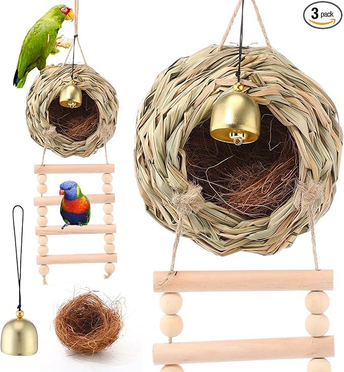 Briwooody Hanging Bird Nest for Cage with Ladder Bell Natural Coir Fiber, Grass Hand Woven Hummingbird Finch House for Outside Breeding Nest Parakeet Bed for Budgie Canary Parrot Patio Lawn Garden