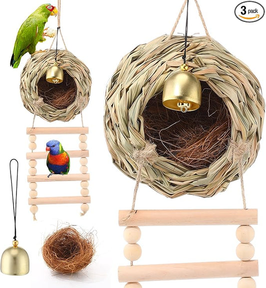 Briwooody Hanging Bird Nest for Cage with Ladder Bell Natural Coir Fiber, Grass Hand Woven Hummingbird Finch House for Outside Breeding Nest Parakeet Bed for Budgie Canary Parrot Patio Lawn Garden