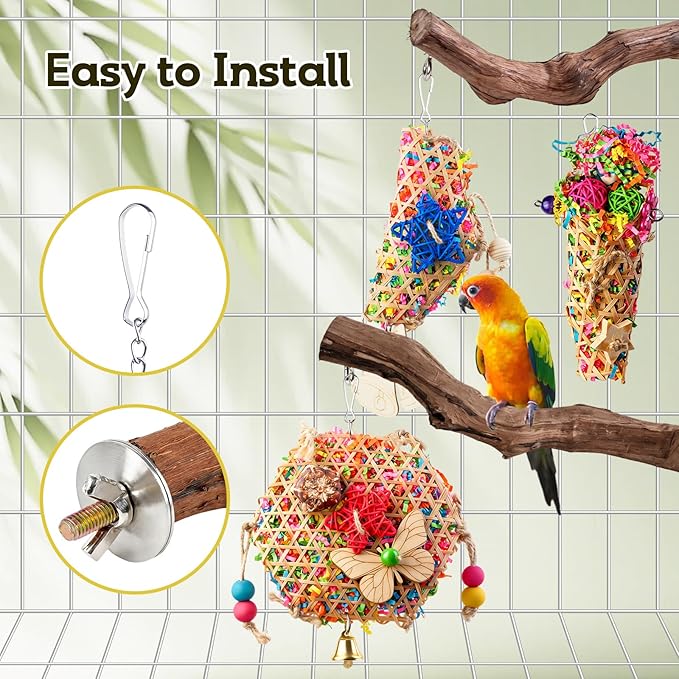 Bird Toys, Parakeet Foraging Toys, Hanging Chewing Toys with Natural Wooden Perches, Bird Cage Accessories, Suitable for Parakeets, Cockatiels, Budgies, Lovebirds & More