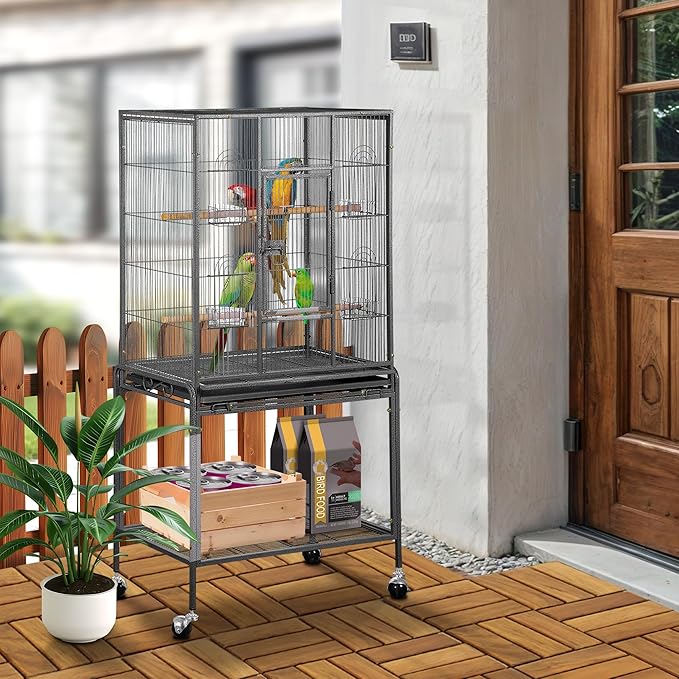 SUPER DEAL 53-Inch Rolling Bird Cage Large Wrought Iron Cage for Cockatiel Sun Conure Parakeet Finch Budgie Lovebird Canary Medium Pet House with Rolling Stand & Storage Shelf