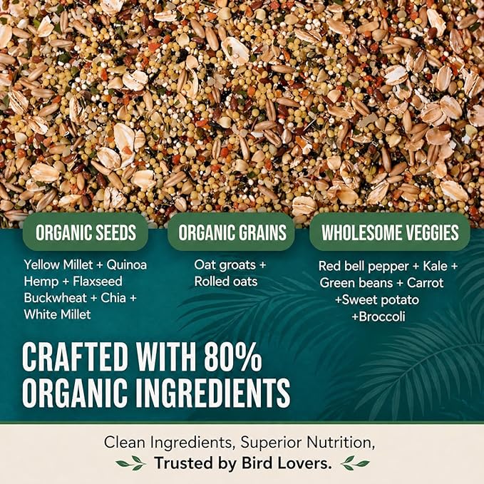 Organic Parakeet Food - No Fillers, Fatty Seeds, or Dyes - Budgies, Lovebirds & Parrotlets - Premium Human Grade Seed Mix, Grain & Wholesome Veggies – Made in USA (4 lbs)