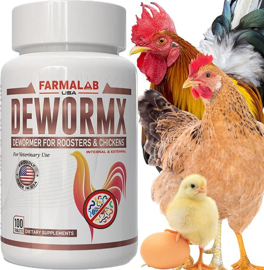 Farmalab Natural Dewormer Internal & External 100 Tabs Poultry NO Egg Withdrawal Needed - Vitamin for Poultry Rooster Hen Chicken Baby Chick