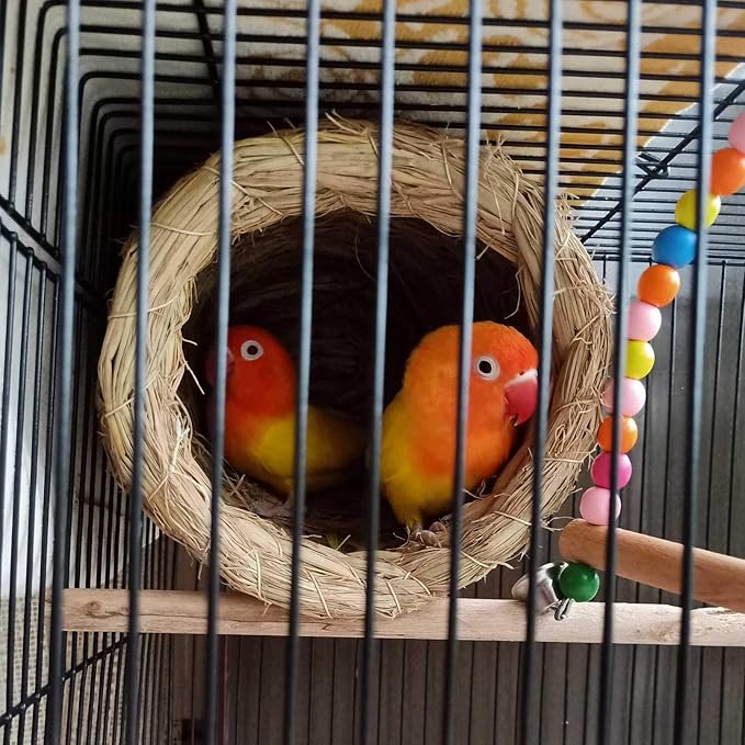 kathson 4PCS Straw Bird Nest Natural Fiber Birdcage Birdhouse Parrot Hideaway Shelter Hut Parakeet Perch Hanging Bell Toys for Small Finch Canary Lovebird Resting Breeding Playing