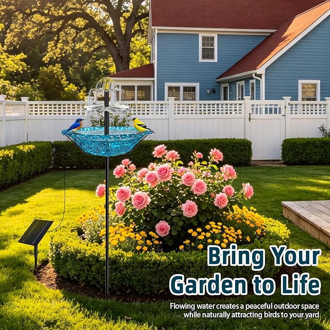 Bird Bath Fountain Solar for Outside, Outdoor Water Fountain Plastic, Attracts Birds with Cascading Spray for Yard & Patio (Blue(XL))