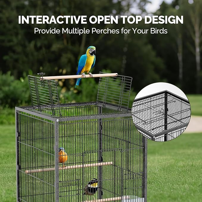 VINGLI 38-inch Bird Cage with Wheels, Durable Wrought Iron Parakeet Cage with Slide Out Tray, Black Bird Cages for Parakeets/Lovebird/Cockatiels/Budgies and Other Small/Medium Birds (Medium-38 inch)