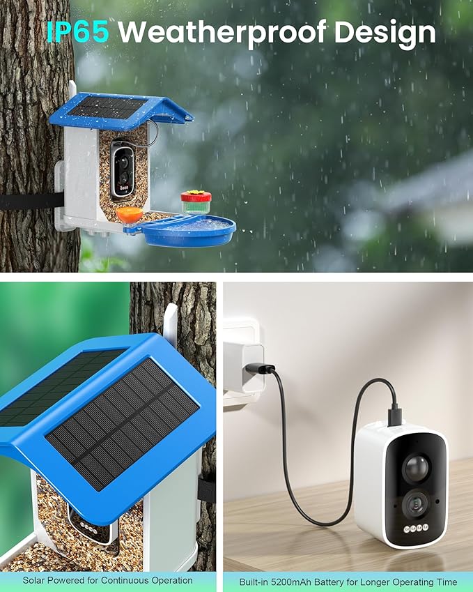Smart Bird Feeder with Camera 2.5K QHD, AI Identify 16000+ Birds, Auto-Capture & Motion Detection, IP65 Waterproof, 5W Solar Panel, 140° Field of View, Bird Watching Gift