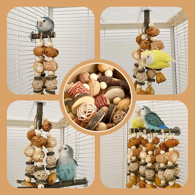 Bird Chew Toy - Natural Apple Wood Corn Cob Parrot Chew Toy, Multi-Functional Cage Hanging Foraging Toy for Budgies, Cockatiels, Conures, Lovebirds & Other Small Medium Birds