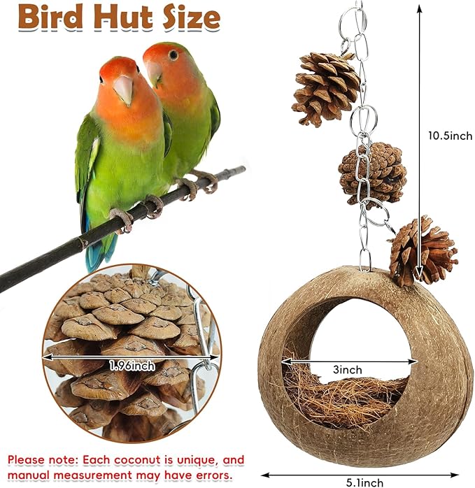 PINVNBY Natural Coconut Shells Bird Nest, Double-Opening Bird House with Coir Fiber Outdoor Hanging Coco Hide Hummingbird Nest for Small-Sized Budgies Canaries and Sugar Gliders
