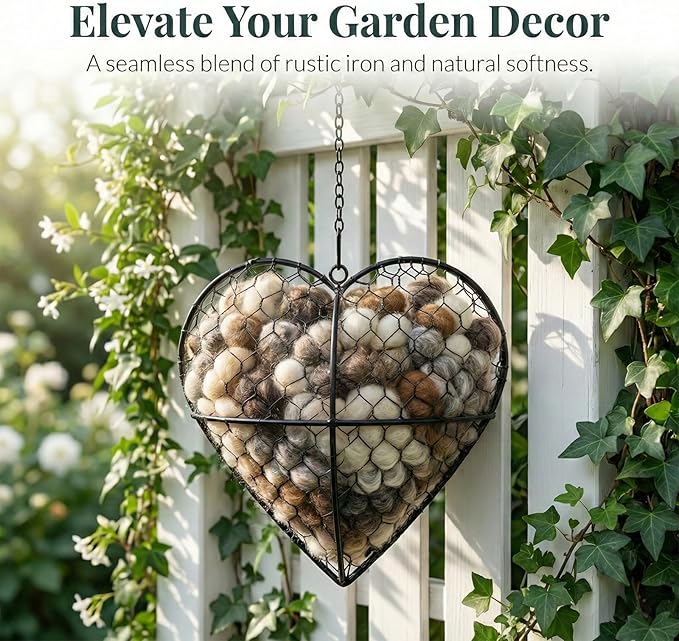 Handmade Alpaca Fiber Bird Nesting Heart - Refillable Bird Nesting Material Holder & Garden Decor - Alpaca Wool for Bird Nesting Dispenser & Nesting Material for Wild Birds Station (Black)