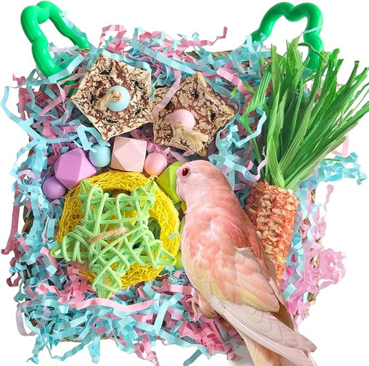 Parakeet Toys, Bird Toy Conure Grass Mat Budgie Shredder Hanging Set Cockatiel Foraging Toys Parrot Climbing Wall Toy Lovebird Cage Accessories for Small Birds