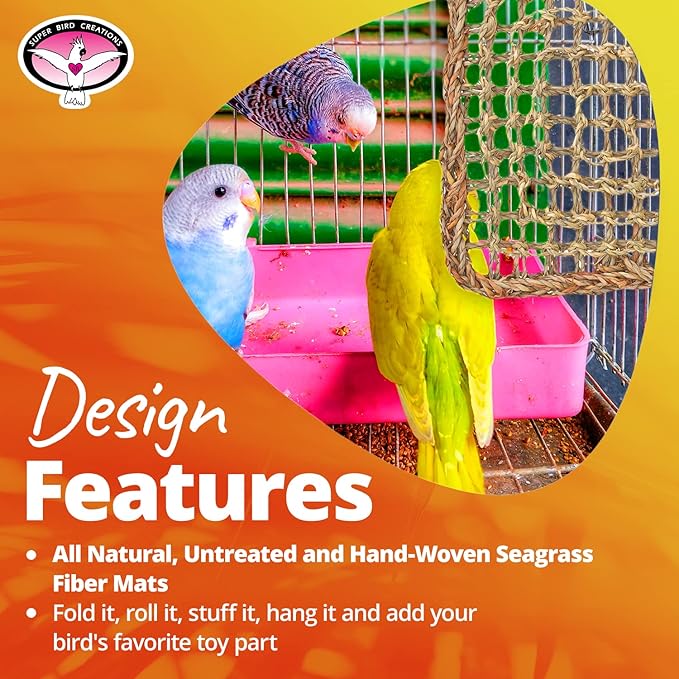 Super Bird Creations SB50005 Seagrass Mat for Cage Decor, Pet Enrichment and Boredom Relief - Versatile Toy-Making Base- Ideal for Parrots - Small to Large Birds & Reptiles - 12"x14" (1 Pack)