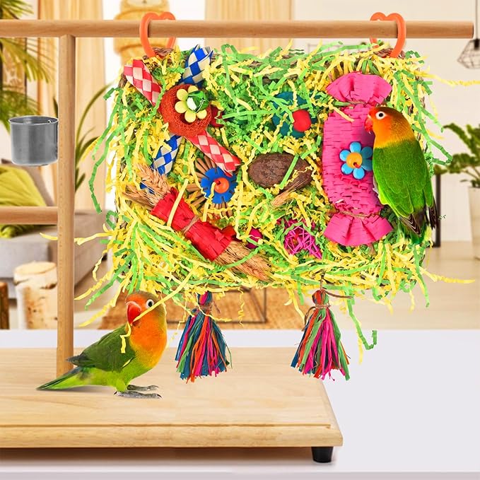 KATUMO Bird Toys - Large-Sized Grass Mat with Colorful Parrot Foraging Shredder Hanging Toys for Conure and Other Birds