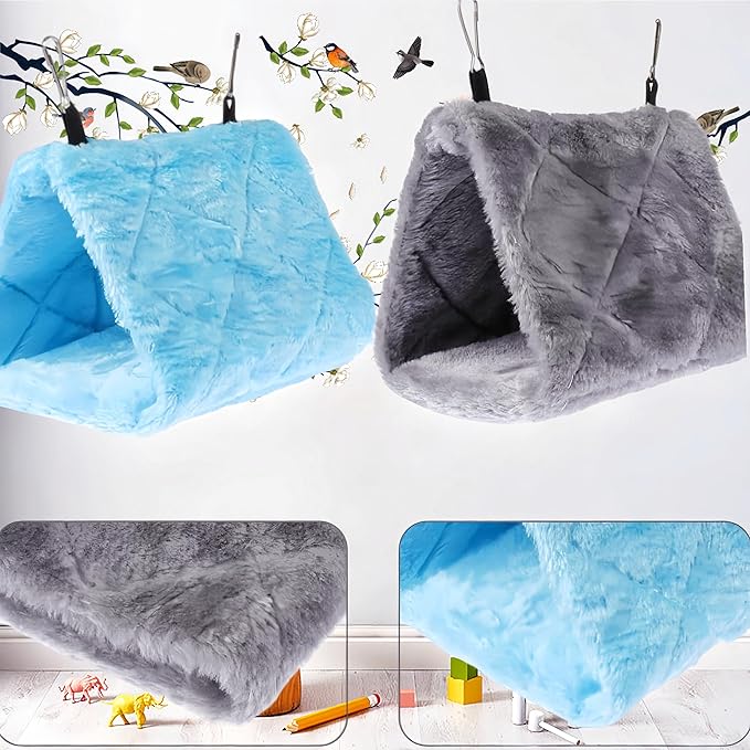 2 Pack Warm Bird Nest House Bed Hanging Hammock Sleeping Bed Plush Hanging Snuggle Cave Happy Hut for Pet Parrot Parakeet Cockatiel Conure Cockatoo African Grey Macaw(Blue&Grey)