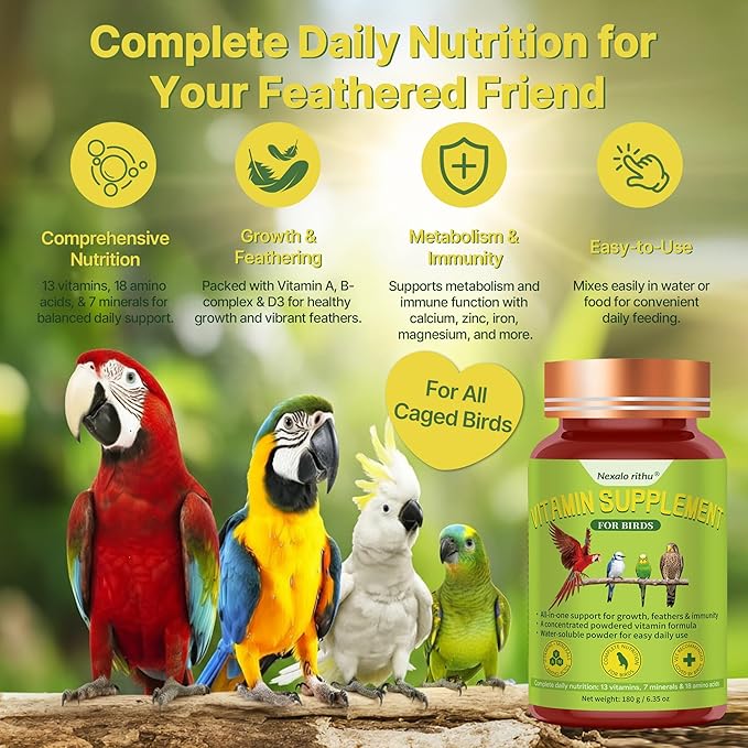 Bird Vitamins for All Cage Birds - Multi-Vitamin for Birds - Supports Bones, Feathers, Energy & Eggshell Quality - Vet-Developed Formula, Dissolves in Water for Easy Daily Use - Net Wt 6.35 oz