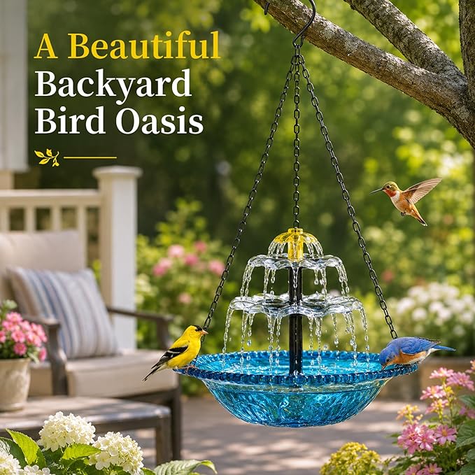Solar Cascade Hanging Bird Bath Fountain, Large Plastic Bowl with Hanging Chain for Outside Garden Patio and Yard Decor (Blue)