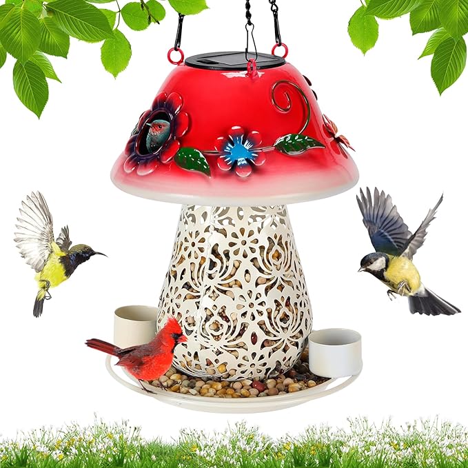 Mushroom Solar Bird Feeders for Outdoors Hanging Metal Wild Bird Feeder with S Hook for Garden Decoration Red