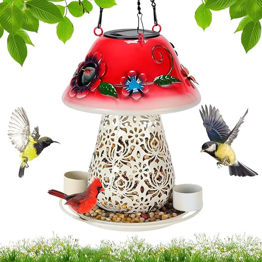 Mushroom Solar Bird Feeders for Outdoors Hanging Metal Wild Bird Feeder with S Hook for Garden Decoration Red