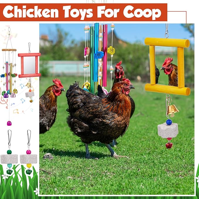 VioraWhite 7 Pcs Chicken Toys, Hanging Chicken Wind Chime, 2 Pcs Coop Mirror Toys with Bells 4 Pack Beak Grinding Stones, Musical Coop Accessories for Hen Rooster Chick Poultry Bird (Rose Red, Yellow)