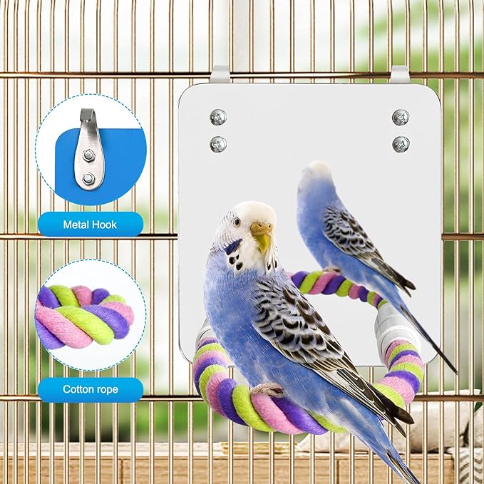 5.9" Bird Mirror with Rope Perch Bird Toys Swing, Comfy Perch for Greys Amazons Parakeet Cockatiel Conure Lovebirds Finch Canaries