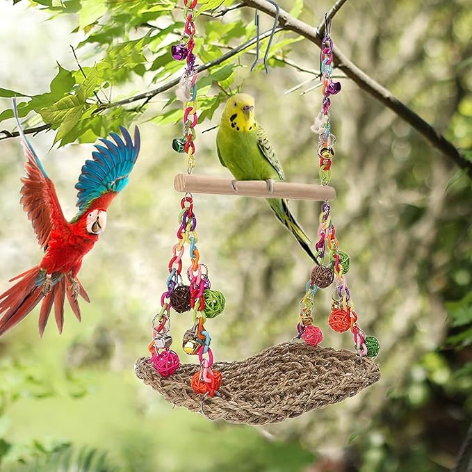 FrgKbTm Bird Swing Toys with Wood Perch, Seagrass Woven Parrot Platform Bird Climbing Hanging Hammock Bird Perch Stand Chewing Toy for Parakeets,Budgie, Conure, Cockatiel,Lovebird