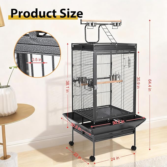 64.4" Tall Large Bird Cage, Metal Parrot Cage with Play Top, Rolling Stand & Bowls - Bird Aviary for Parrots, Conures, Cockatiels, Parakeets, Indoor Outdoor Aviary for Outside Porch Yard Garden