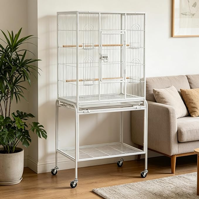 VINGLI 53-inch Bird Cage with Wheels, Durable Wrought Iron Parakeet Cage with Slide Out Tray, Black Bird Cages for Parakeets/Lovebird/Cockatiels/Budgies and Other Small/Medium Birds (White, 53 inch)