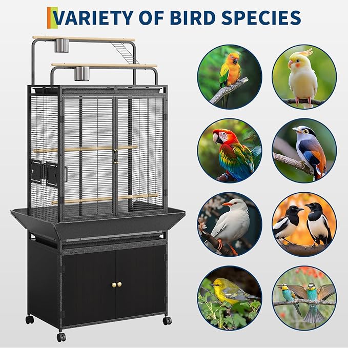 Large Bird Cage, 71" h Rolling Birdcage with Play Top & Storage Cabinet, Wood Parakeet Cage for Macaw Parakeet Parrot Cockatiel Budgie (Dark Walnut)