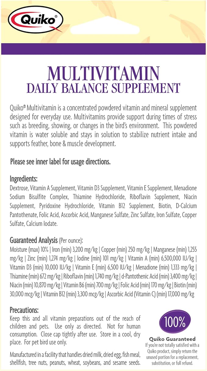 Quiko Multivitamin Daily Balance Vitamin & Mineral Supplement for All Pet Birds, 1.0 Ounce