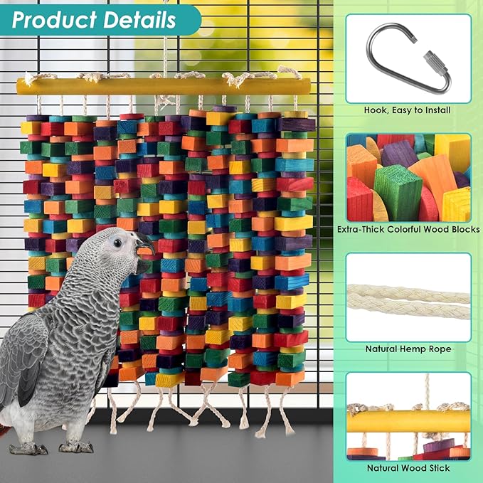 DBNESS 23 Inch Extra Large Bird Toy, 336PCS Colorful Natural Chew Wood Blocks Hanging Parrot Tearing Toys, Birds Cage Accessories for Macaws, Amazon Parrots, African Grey, Cockatoos