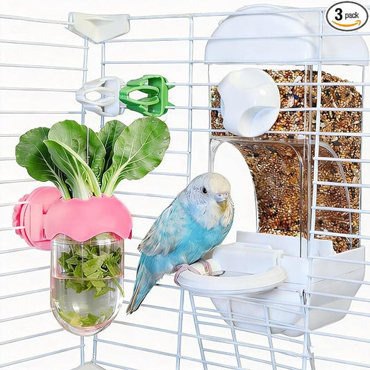 Automatic Bird Cage Feeder No Mess Bird Feeding Station Parrot Vegetable Holder Fruit Clips for Parakeet Cockatoo Canary Lovebirds Budgie (White)