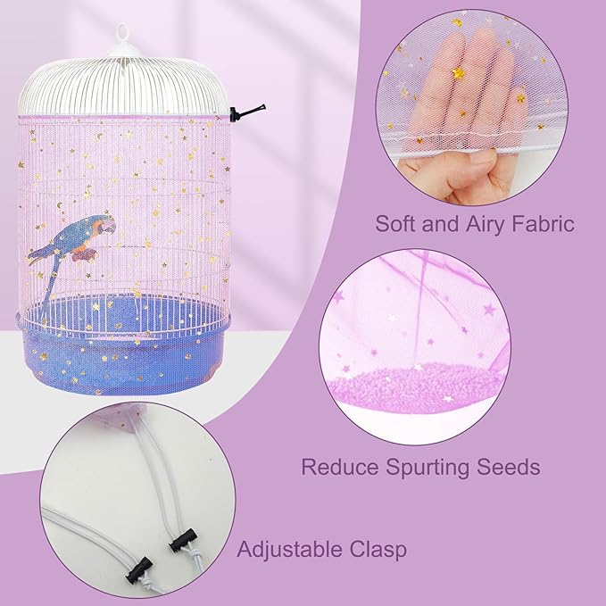 Bird Cage Cover, 45-90'' Adjustable, Universal Nylon Mesh Net, Bird Cage Skirt Guard, Purple