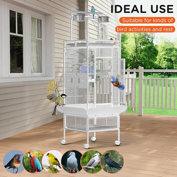 Spacious 60 Inch Wrought Iron Bird Cage with Rolling Stand – Playtop Design, 4 Stainless Steel Bowls, Slide-Out Tray – Parrot Cage for Cockatiel, Conure, Budgie, Lovebird, Canary – White