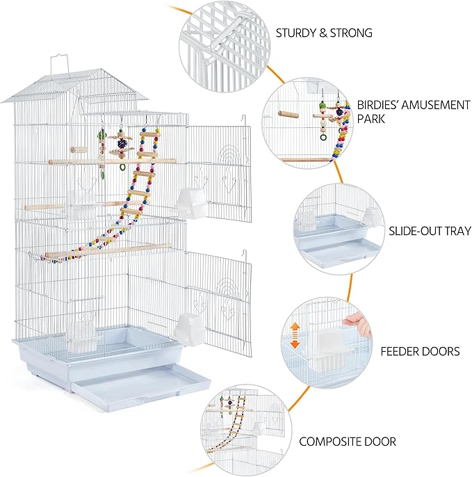 Topeakmart White Large Flight Bird Cage for Parakeets Canaries Lovebirds Medium Small Birds Parrots w/Toys&Swing&Ladder