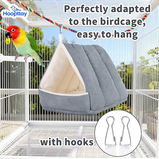 Medium Winter Warm Bird House and Bird Bed for Cage with Soft Plush Hanging Hammock & Hut Tent, Hideaway Sleeping Nest for Budgies, Parakeets, Cockatiels (Grey, M)
