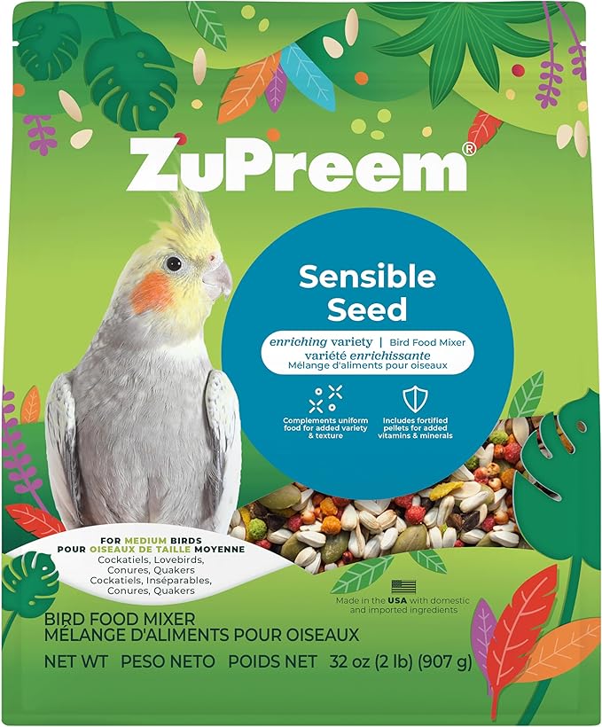 ZuPreem Sensible Seed Bird Food, Cockatiel, Lovebird, Quaker, Small Conure, Seed and Pellet Blend for Medium Birds, Food Mixer Topper, Enriching Variety, Made in the USA, (M, 2 lbs)