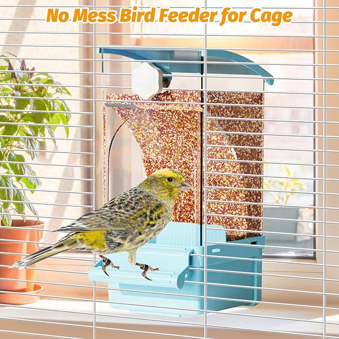 BNOSDM No Mess Bird Feeder Transparent Automatic Bird Cage Feeder with Perch Acrylic Parrot Food Container Parakeet Cage Accessories for Parakeets, Budgies, Cockatiel, Finch, Canary, Lovebird (Blue)