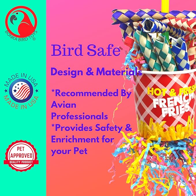 Bonka Bird Toys 2306 French Fries Small Medium Bird Toy Foraging Bamboo Trap Cup Paper Shred Cockatiels Parakeets Conures and Other Similar Sized Birds
