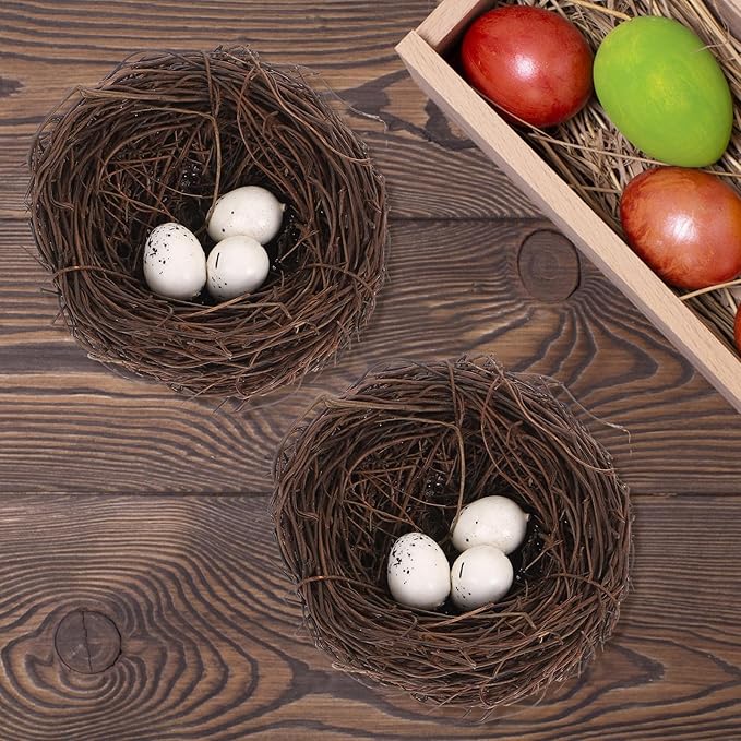 PRETYZOOM Artificial Bird Nest Decor Set with 4 Rattan Nests & 12 Speckled Eggs, 3.93 x 3.93 x 1.96 in, Realistic Nature-Themed Easter Party Favors, DIY Crafts & Home Office Decoration