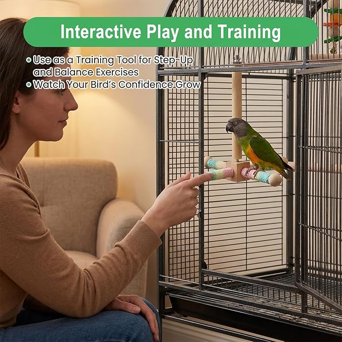 Hanging Bird Perch Toy, Parrot Interactive Rotating Perch, 360°Silent Free-Spin, Wooden Bird Cage Accessories for Standing, Climbing and Perching