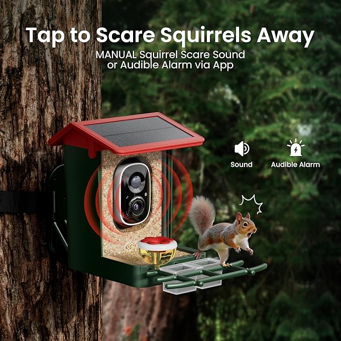 Smart Bird Feeder with Camera Solar Powered, 2K HD Video, AI Bird Species Identification, Instant Arrival Alerts, Weatherproof Design for Effortless Birdwatching, Best Gift for BirdLovers, Red
