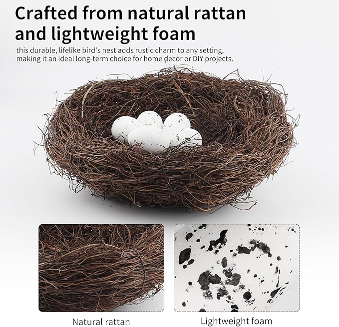 6Pcs 12" Large Artificial Bird Nests with Eggs for Crafts,Handmade Natura Rattan Birds Nest for Spring Decoration Props Garden Yard Home(1 Large Size Nest, 5pcs Eggs)