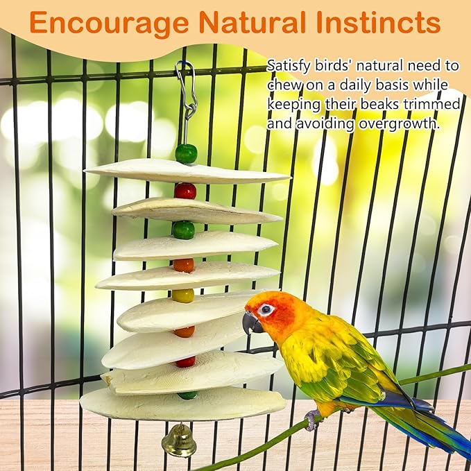 3 Pack Bird Toys with Cuttlebone,Parrot Toy Bird Beak Grinding Stone Parakeet Cage Accessories for Small & Medium Budgies Lovebirds Cockatiels (Flake,8 Per Skewer)