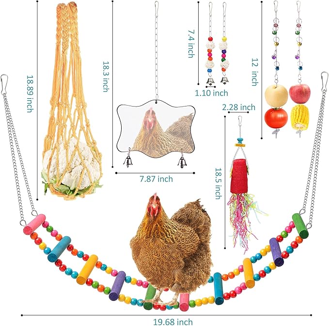 14PCS Chicken Toys for Coop Accessories - Longer Chain Chicken Swing, Chicken Toy for Hens in Coop, Chicken Perch Mirror Toy with Bells, Add Fun Toys for Chickens