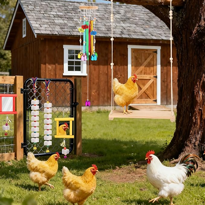 Soulchen 6 Pieces Chicken Toys for Coop Chicken Wind Chime Enrichment Toys Kits Chick Mirror with Bells Swing Hanging Chick Beak Grinding Calcium Stone for Coop Hens Chicks Poultry Birds Parrots