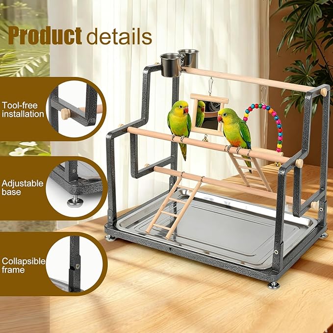 halinfer Bird Playground for Indoor Use, Table Collapsible Bird Playstand for Top of Cage, Mirrow Swing Cups 2 Ladders for Small to Medium Size of Cockatiel Parakeet Conure (Wood Ladder)