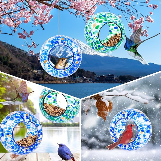 Patelai 2 Pcs Bird Feeder Mosaic Glass Hanging Bird Feeder Round Birdfeeder Fly Through Balcony Birdfeeder for Backyard Window Outdoor Garden Deck Porch Decorations, 6 Inch (Cute)